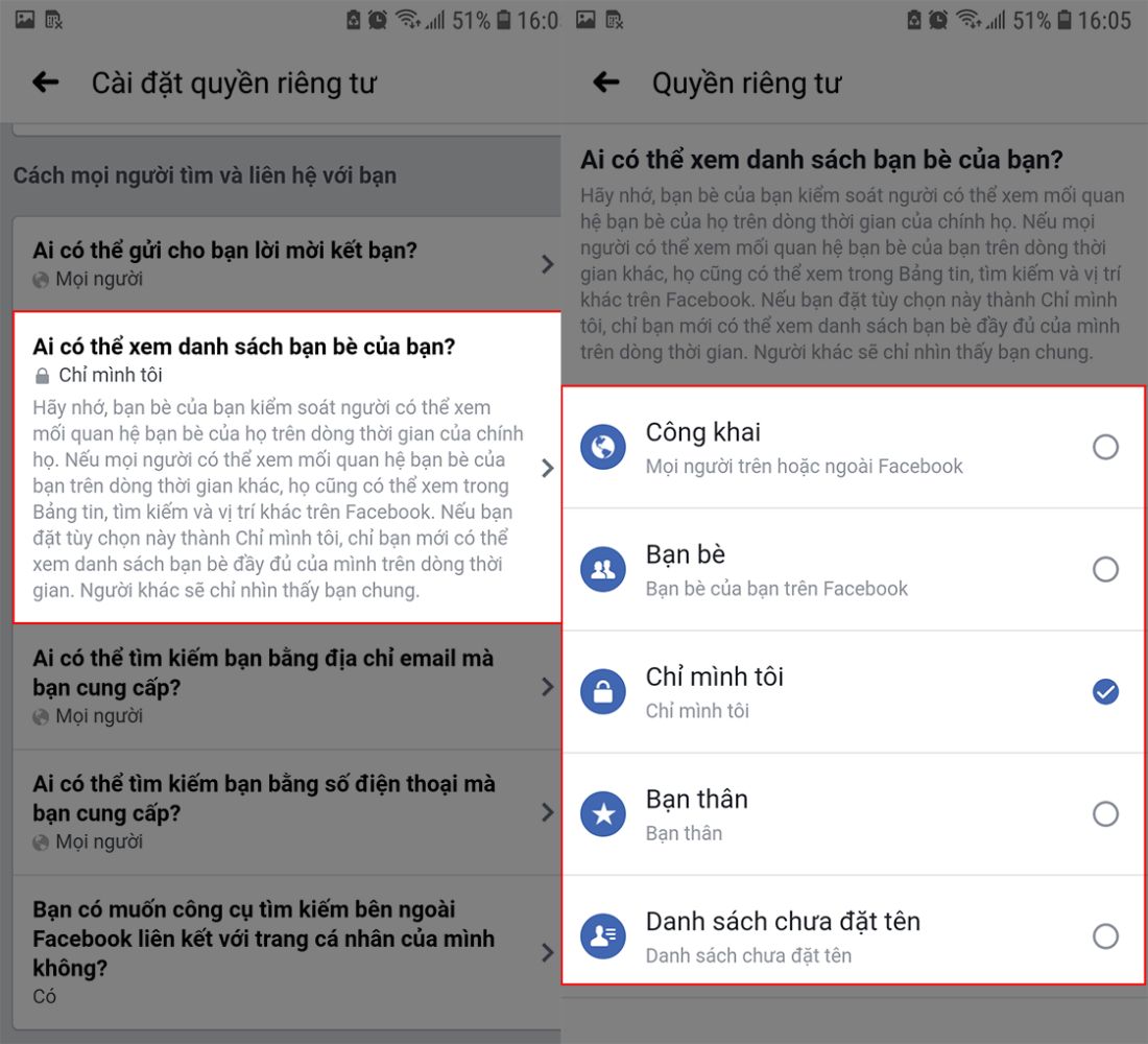 Tim muc quyen rieng tu cho danh sach ban be