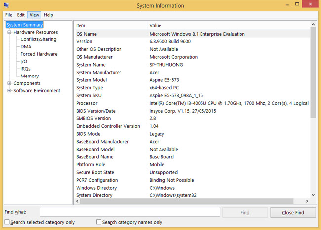 Kiem tra thong so co ban bang System Information