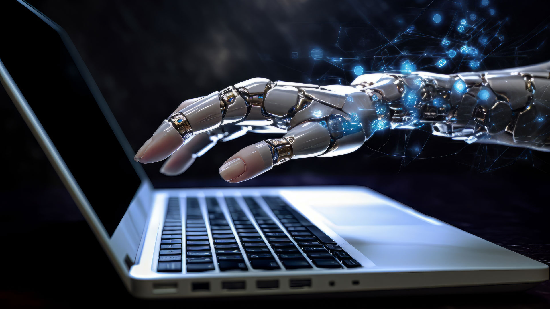 Top 5 mẫu Laptop windows AI mạnh nhất năm 2025 1 futuristic hand working laptop 01
