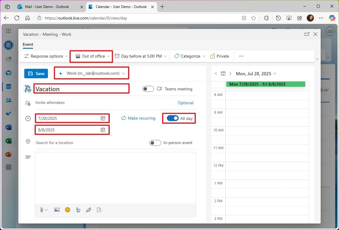 Cách tạo mục nhập lịch "Out of Office" (Vắng mặt) trong Outlook 14 Cach tao muc nhap lich Vang mat trong Outlook 6