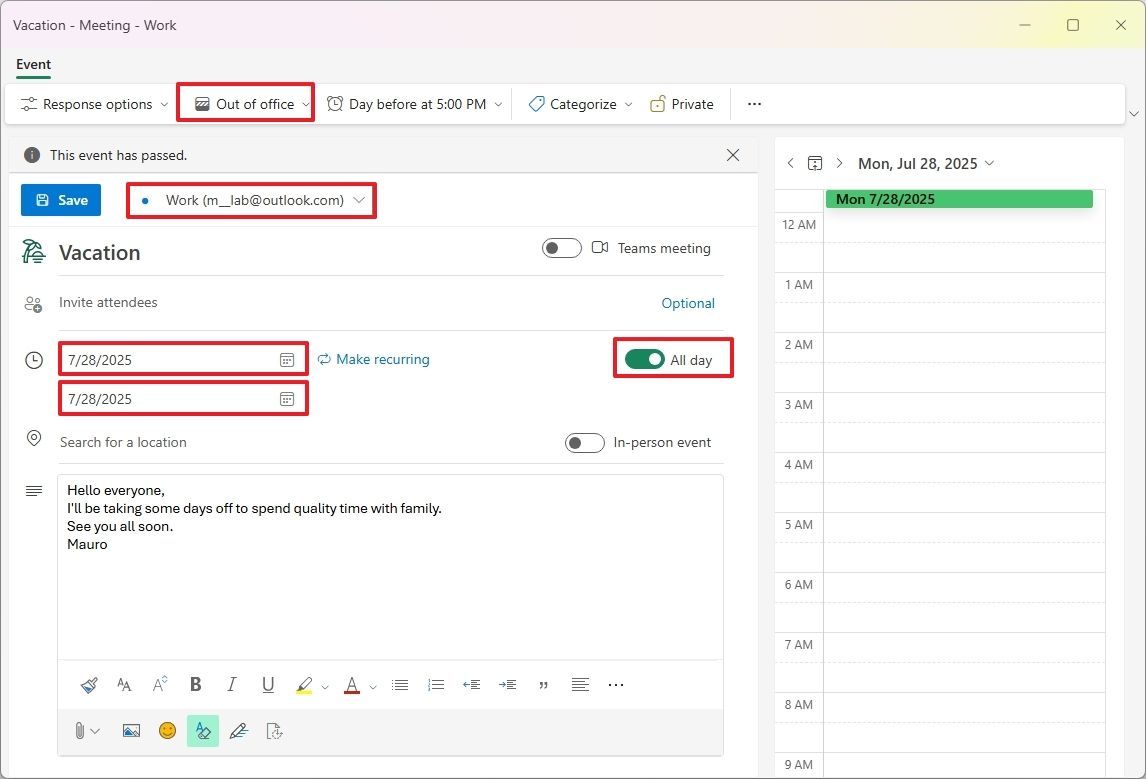 Cách tạo mục nhập lịch "Out of Office" (Vắng mặt) trong Outlook 17 Cach tao muc nhap lich Vang mat trong Outlook 9