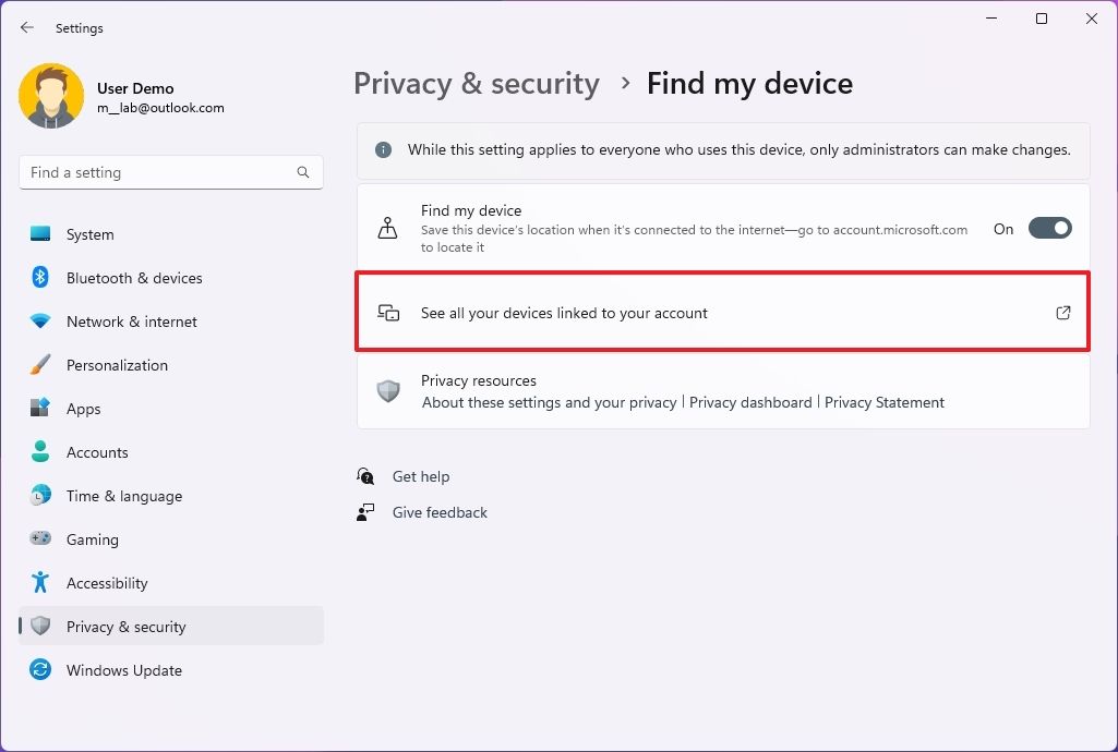 Cach bat tinh nang Tim thiet bi cua toi tren Windows 11 5