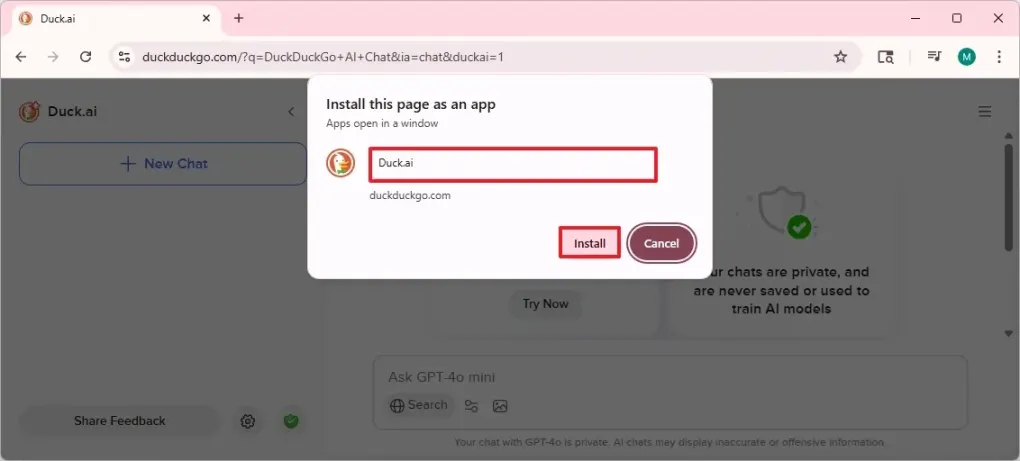 Hướng dẫn cách cài đặt Duck.ai (DuckDuckGo) dưới dạng ứng dụng trên Windows 11, 10 14 cach cai dat Duck.ai DuckDuckGo duoi dang ung dung tren Windows 11 10 2