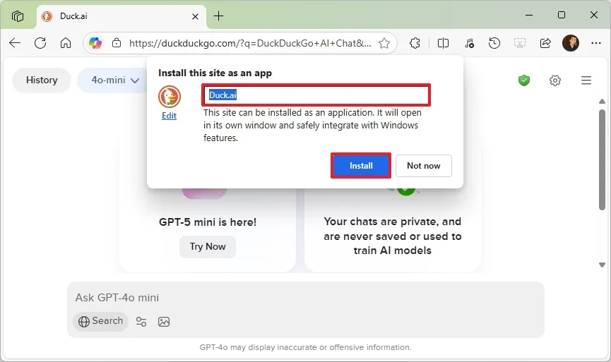 Hướng dẫn cách cài đặt Duck.ai (DuckDuckGo) dưới dạng ứng dụng trên Windows 11, 10 10 cach cai dat Duck.ai DuckDuckGo duoi dang ung dung tren Windows 11 10 6