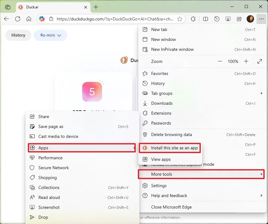 Hướng dẫn cách cài đặt Duck.ai (DuckDuckGo) dưới dạng ứng dụng trên Windows 11, 10 9 cach cai dat Duck.ai DuckDuckGo duoi dang ung dung tren Windows 11 10 7