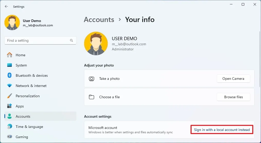 cach chuyen tu tai khoan Microsoft sang tai khoan cuc bo tren Windows 11 12