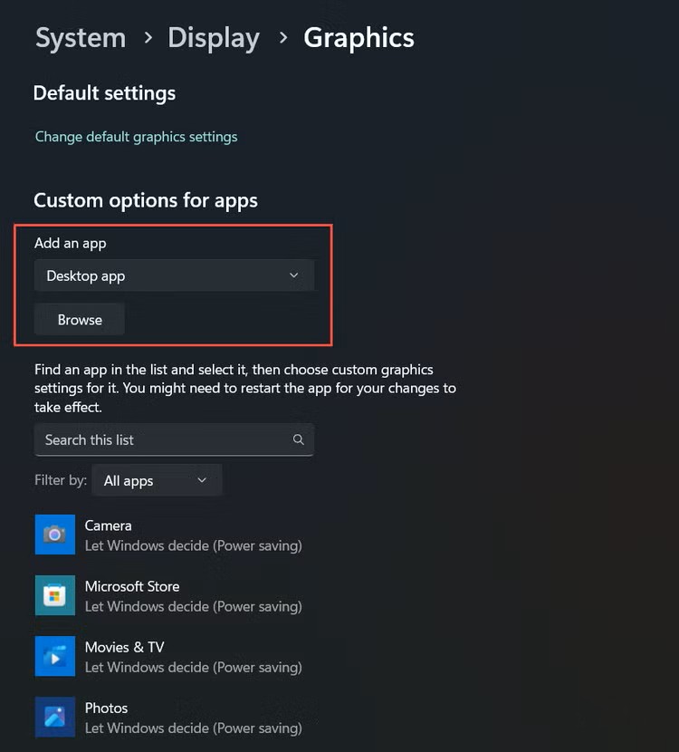 manually browse for the app to change graphic settings