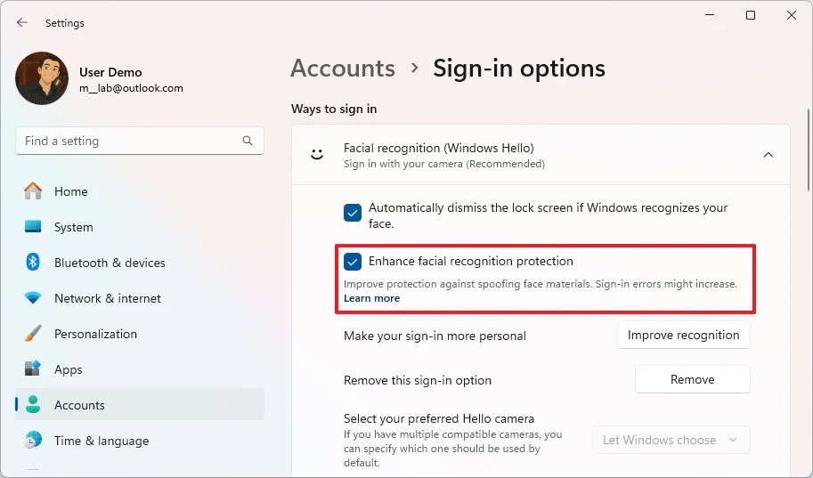 cach bat tinh nang bao ve chong gia mao cho Windows Hello Face tren Windows 117
