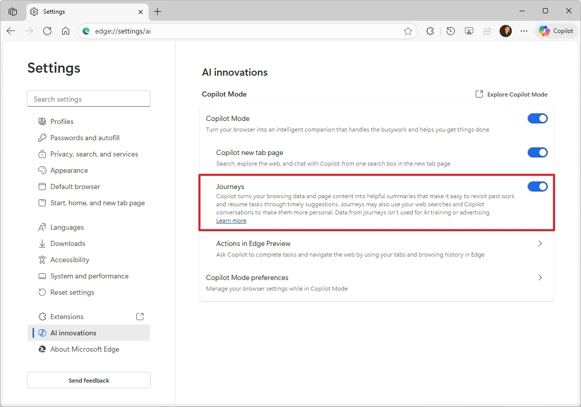 Cach mo khoa Copilot Journeys va Actions trong Microsoft Edge7.jpg