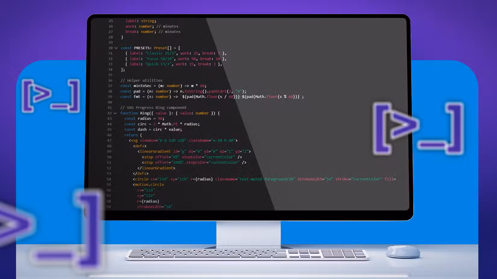 Top 6 quan niệm sai lầm về lập trình mà vẫn chưa biến mất 8 a computer monitor displaying code with a purple and blue background and stylized angular bracket symbols floating around