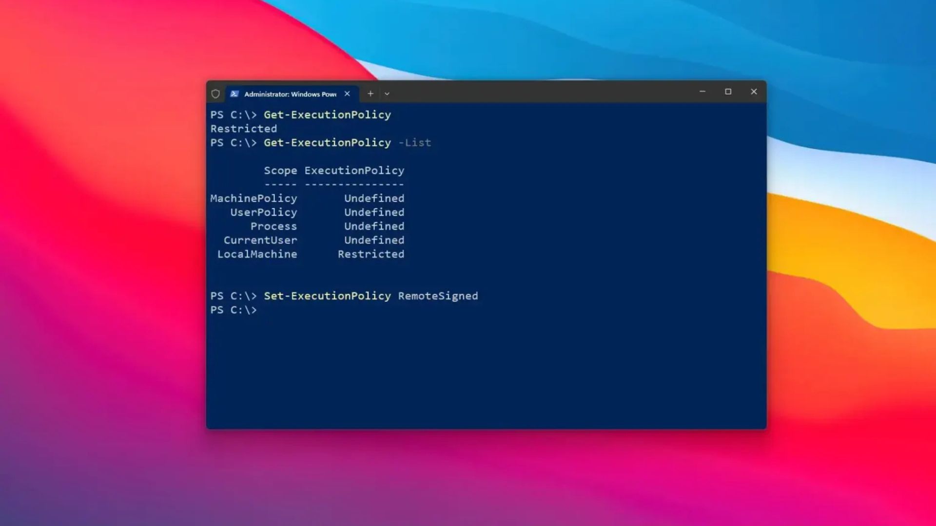 cach thay doi chinh sach thuc thi de chay tap lenh tren PowerShell1