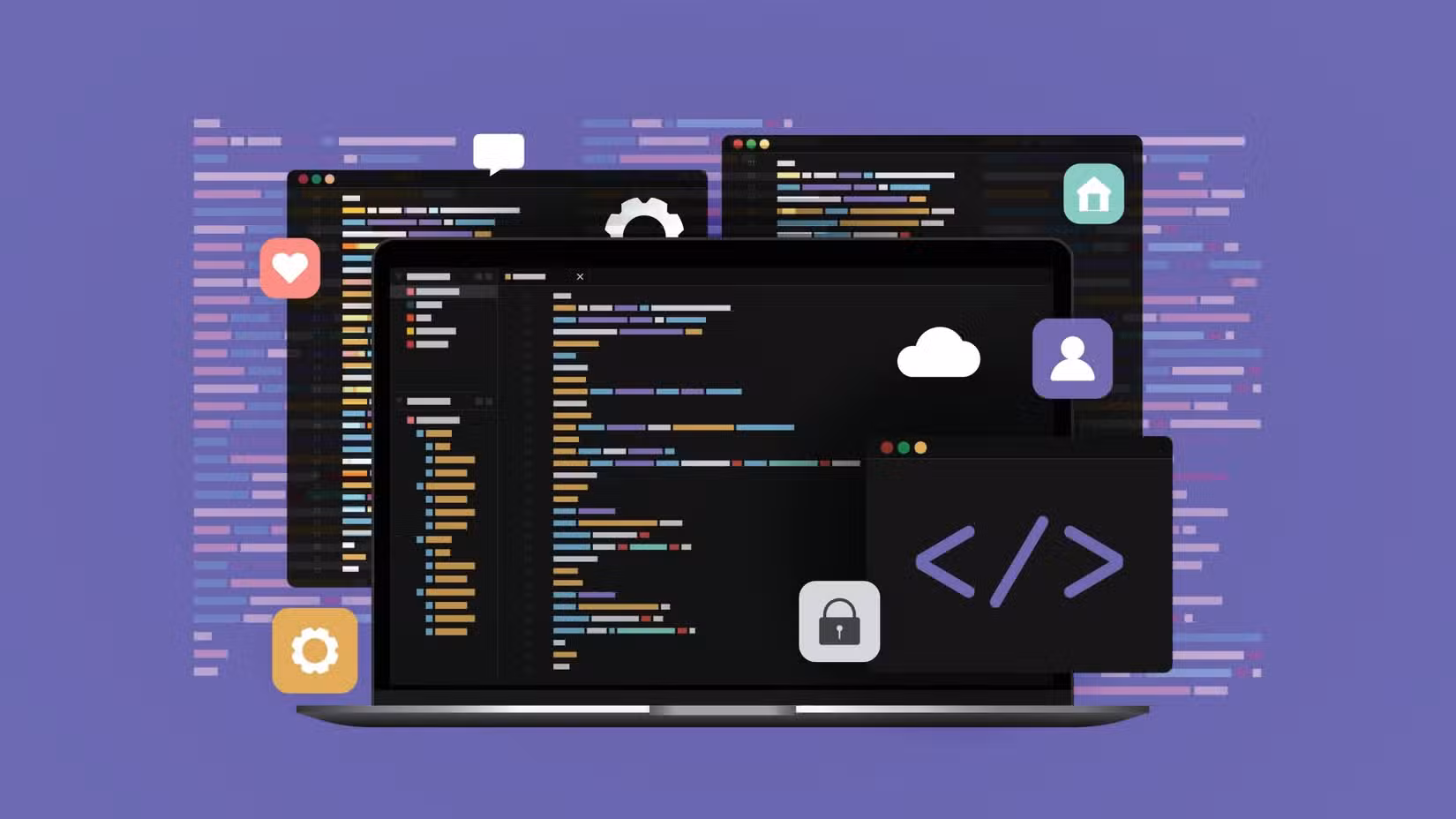 concept of computer programming or developing software laptop computer with code on screen heart message cog home user cloud and lock icons