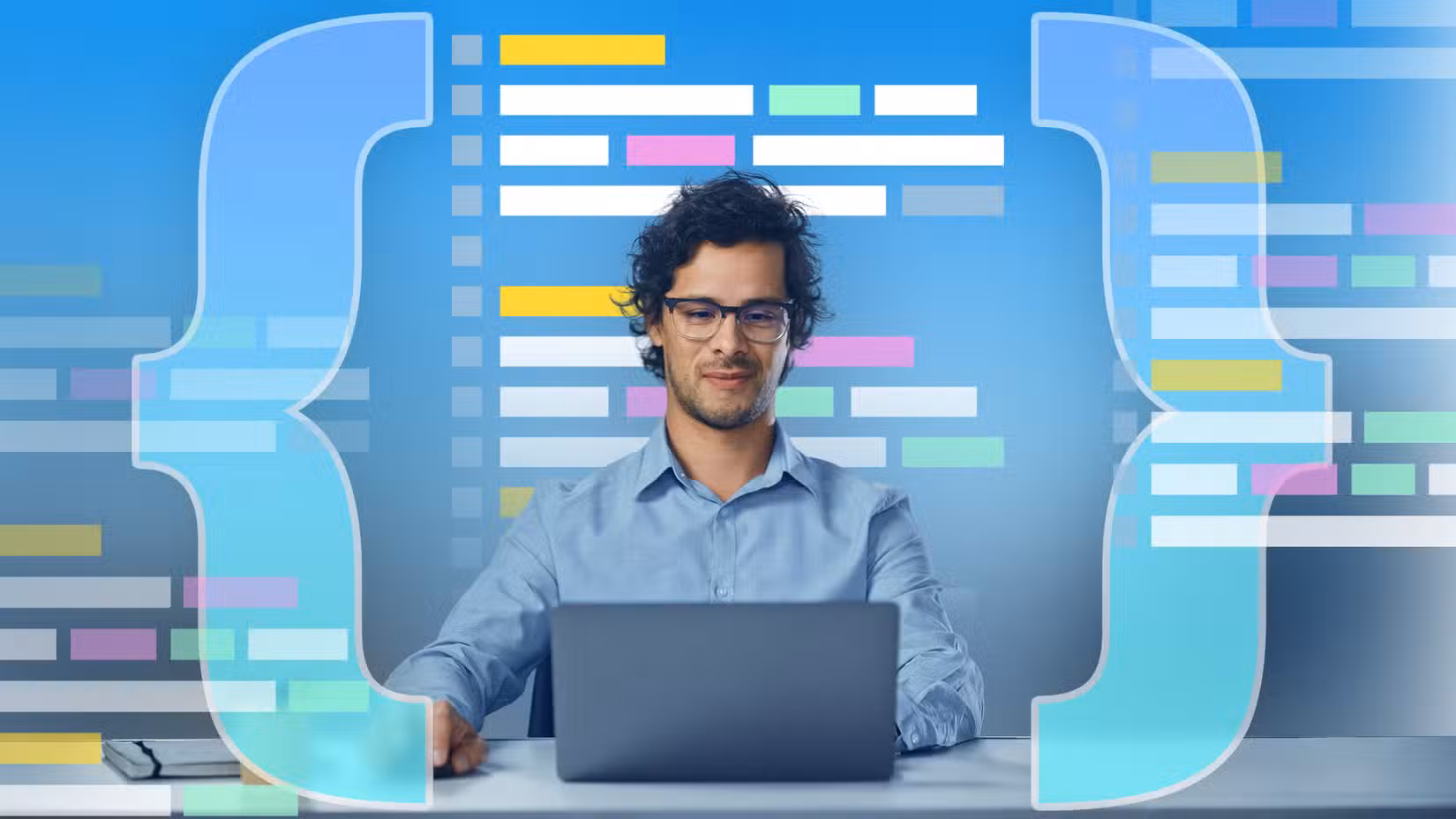 Top 6 quan niệm sai lầm về lập trình mà vẫn chưa biến mất 6 man working on a laptop with large curly braces on each side and colorful lines of code in the background