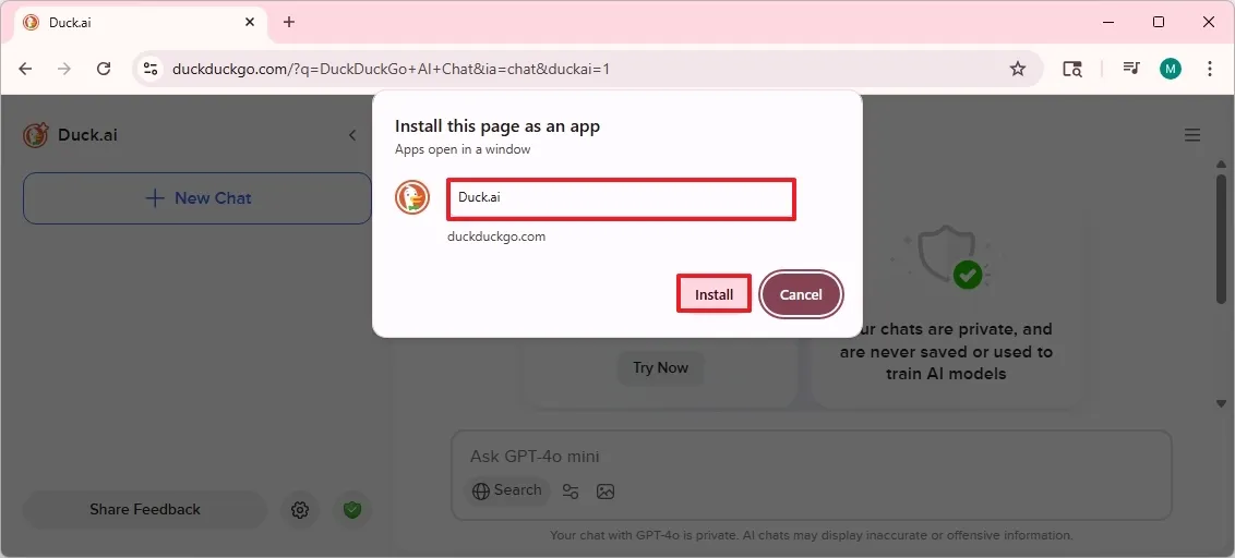 cai dat Duck.ai DuckDuckGo duoi dang ung dung tren Windows 11 10.3