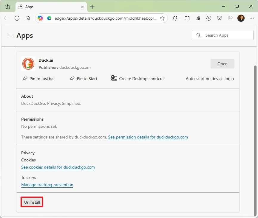 cai dat Duck.ai DuckDuckGo duoi dang ung dung tren Windows 11 10.5