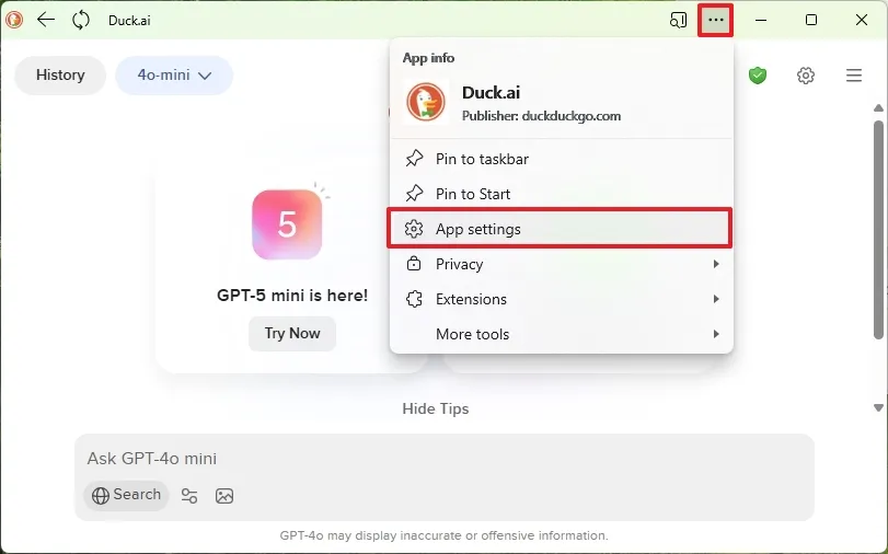 cai dat Duck.ai DuckDuckGo duoi dang ung dung tren Windows 11 10.6