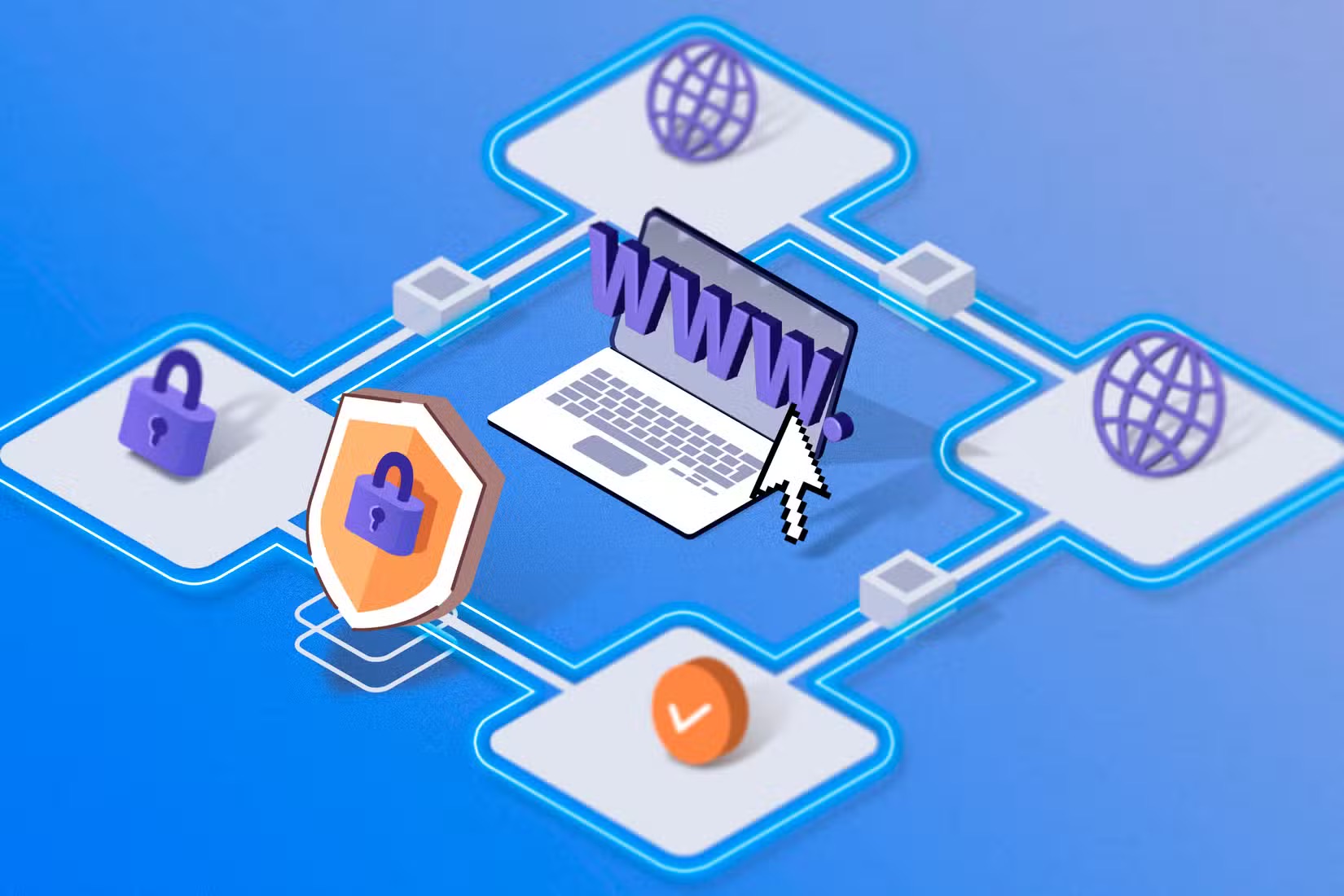 illustration of a laptop with internet and security icons around it and www in front of the screen