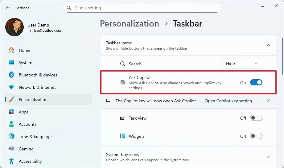 taskbar enable ask copilot